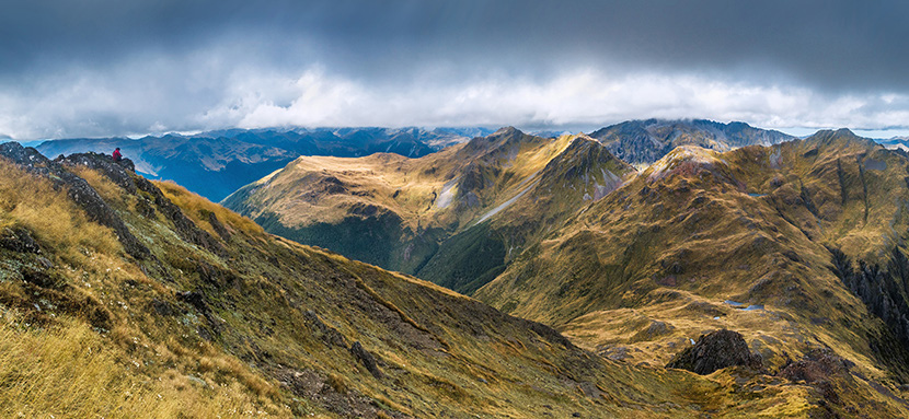 A view east from the 1,674m high point, back to Brass Monkey Biv (lower right) and the route we took that morning, back to Mt Technical - top right, shrouded in cloud