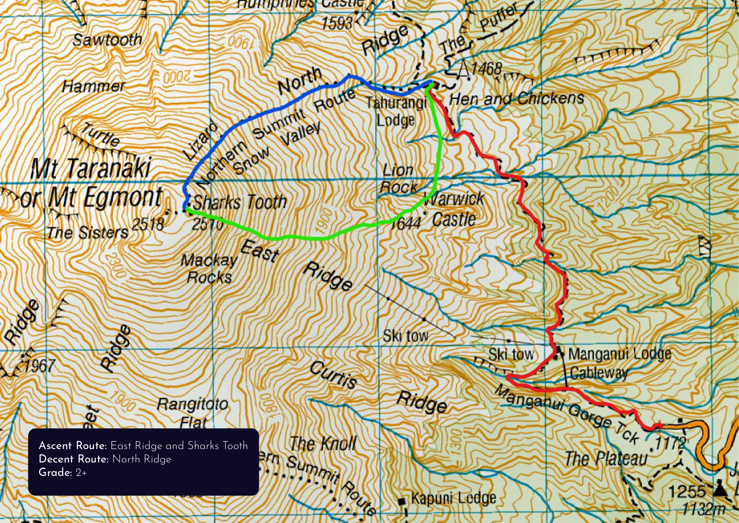 Taranaki topo map showing East Ridge and Shark&rsquo;s Tooth ascent route, North Ridge descent