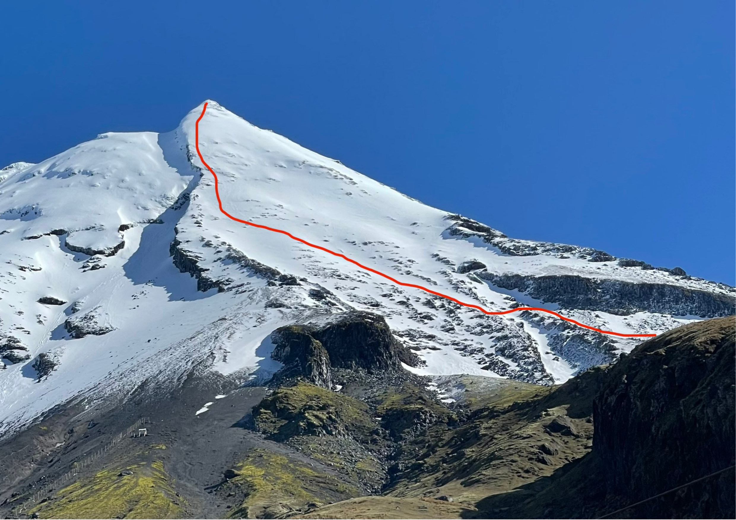 East Ridge of Taranaki with route line marked in red