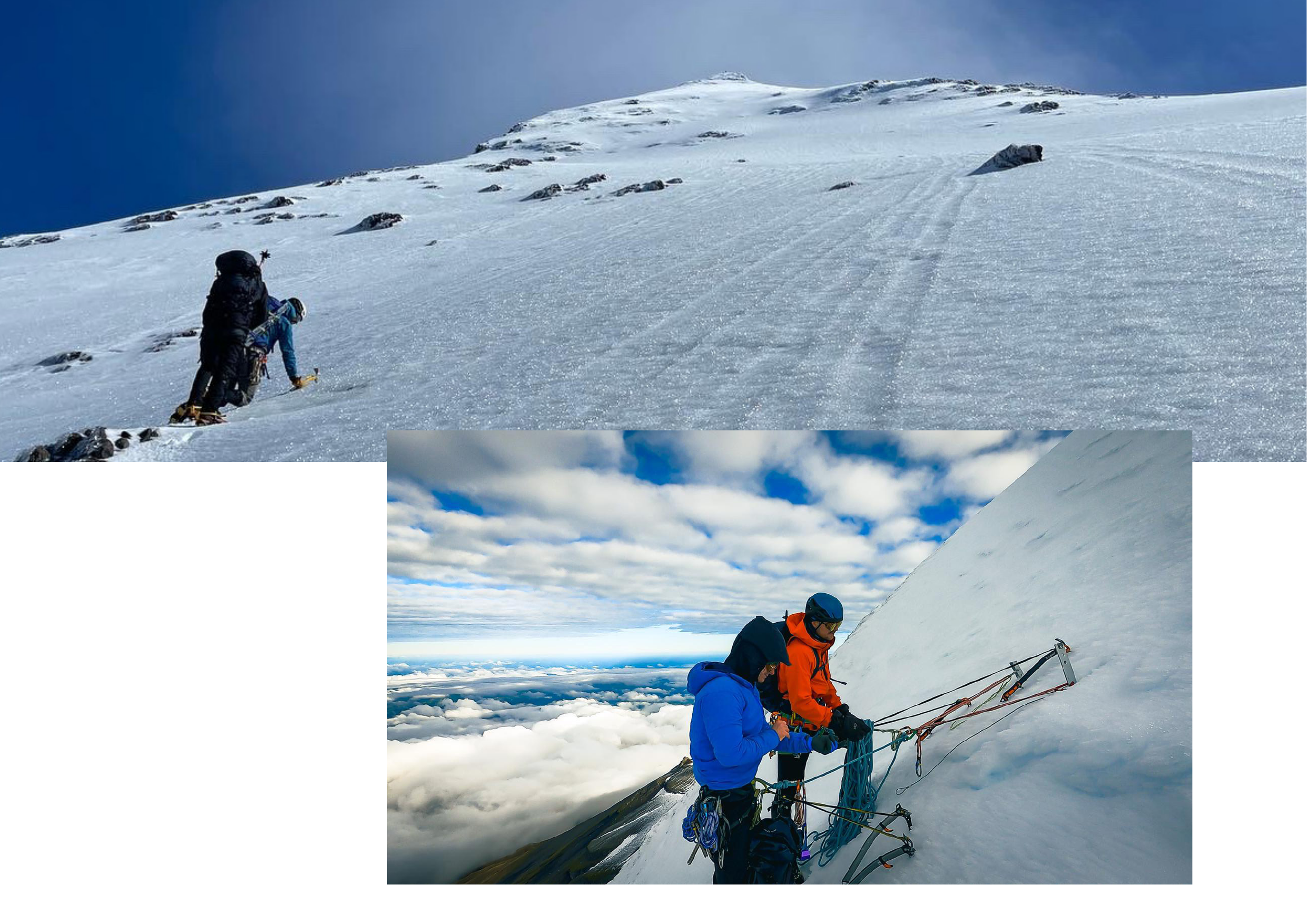 Climbing the steep snow face of the East Ridge; roping up at the summit with panoramic views