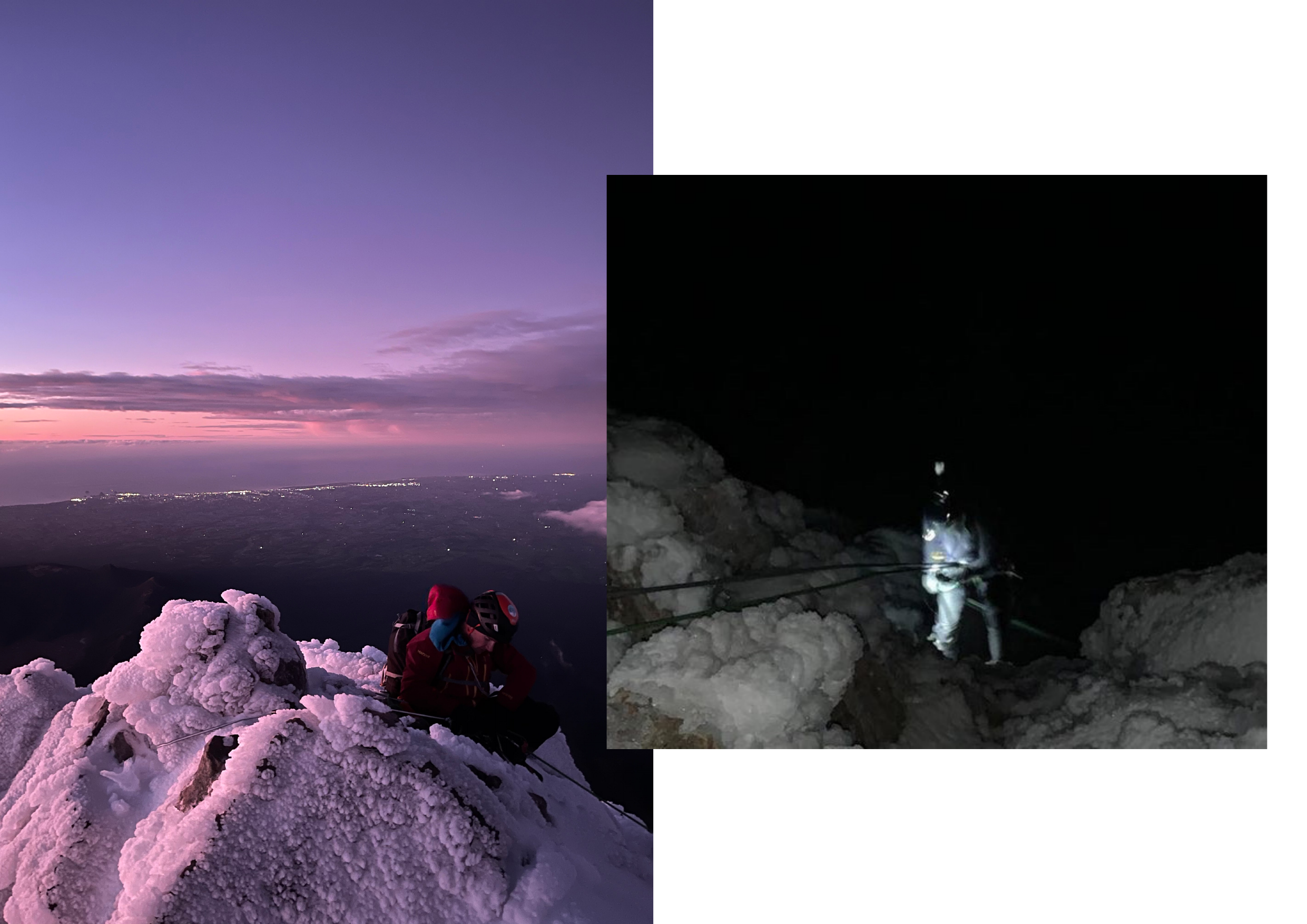 Purple dawn at the Taranaki summit with city lights visible below; night climbing with headtorches
