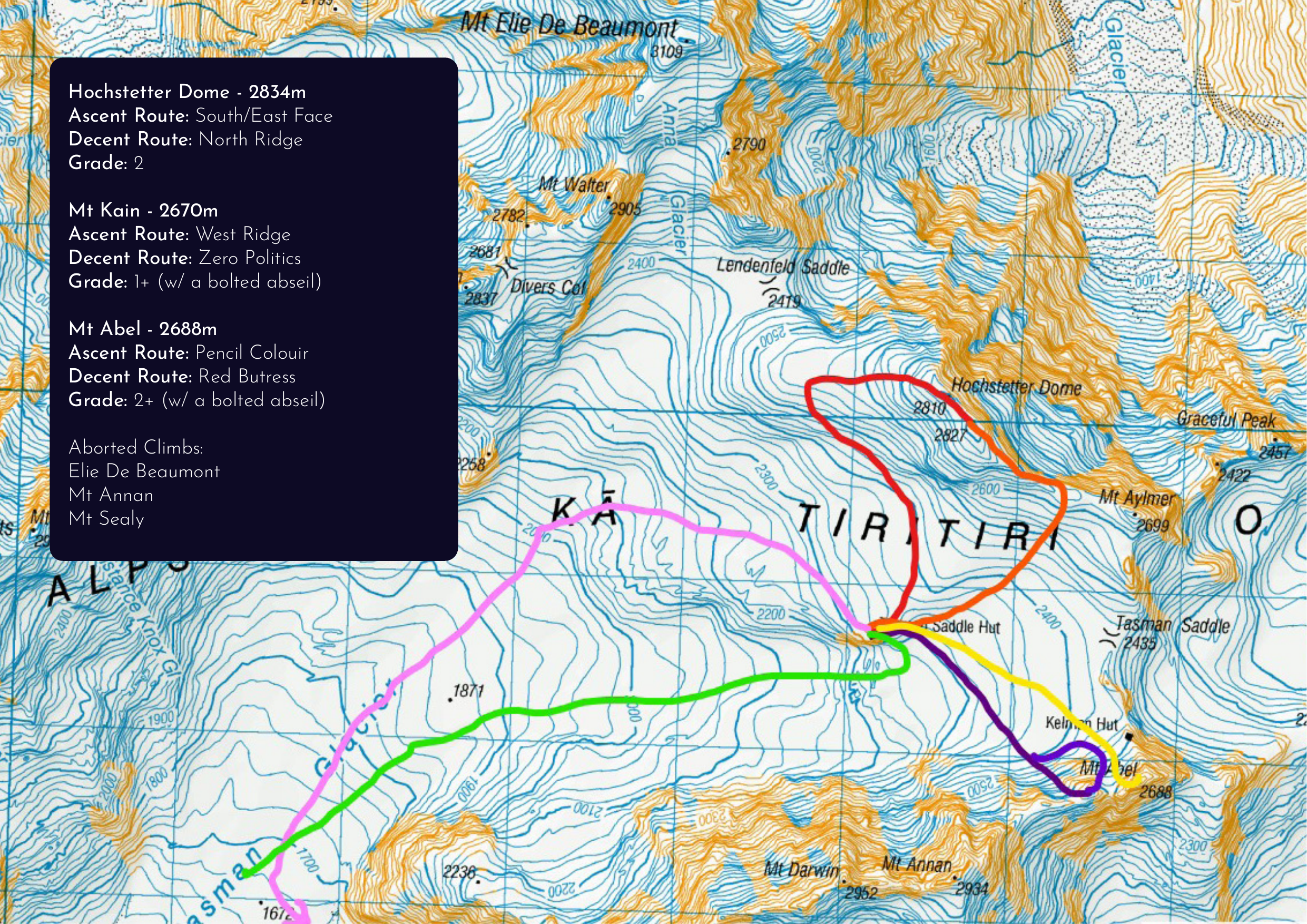 Topo map of the Upper Tasman Glacier showing routes on Hochstetter Dome, Mt Kain and Mt Abel