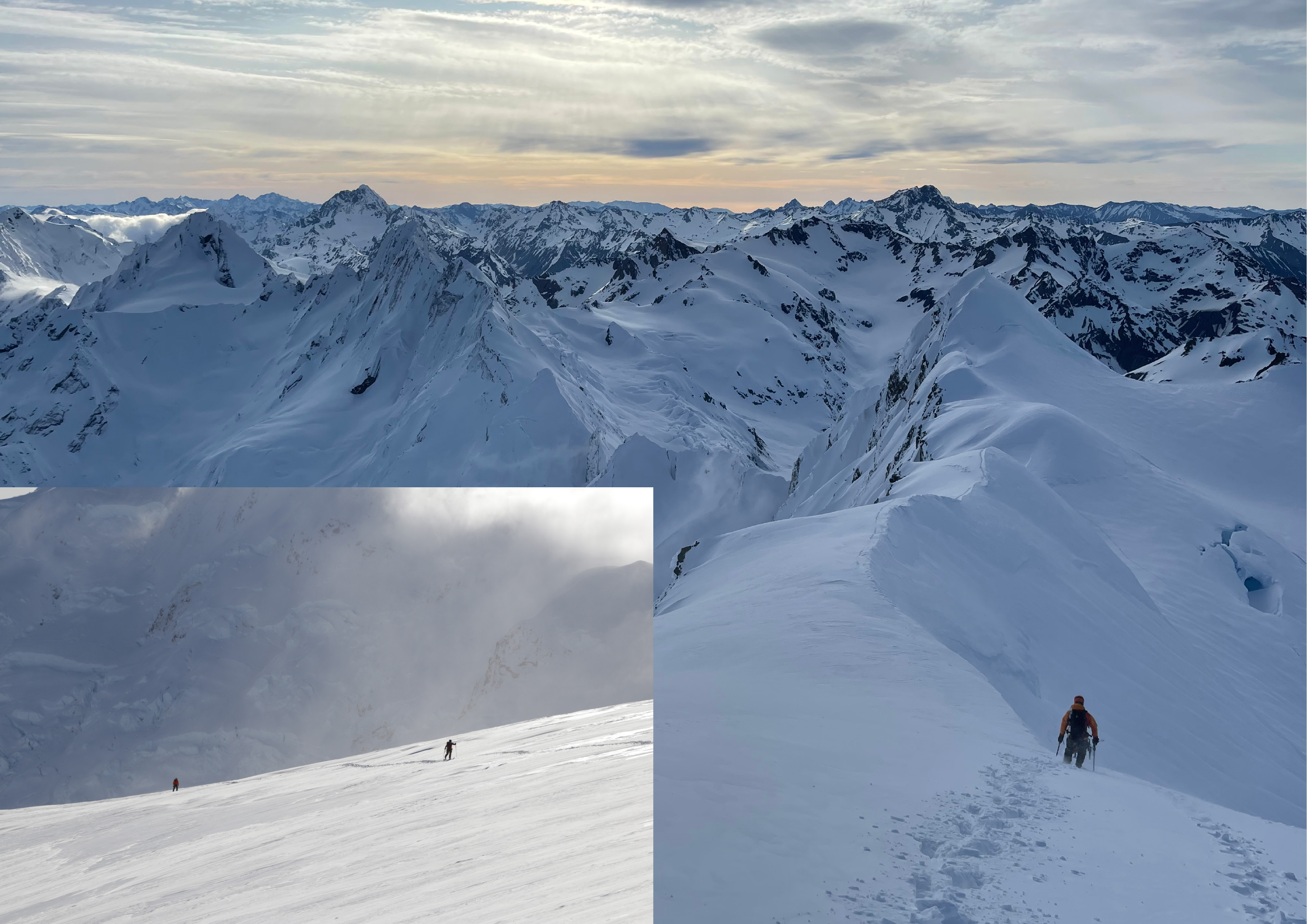Wide panoramic view from the summit; climber ascending a snow ridge above cloud-filled valleys