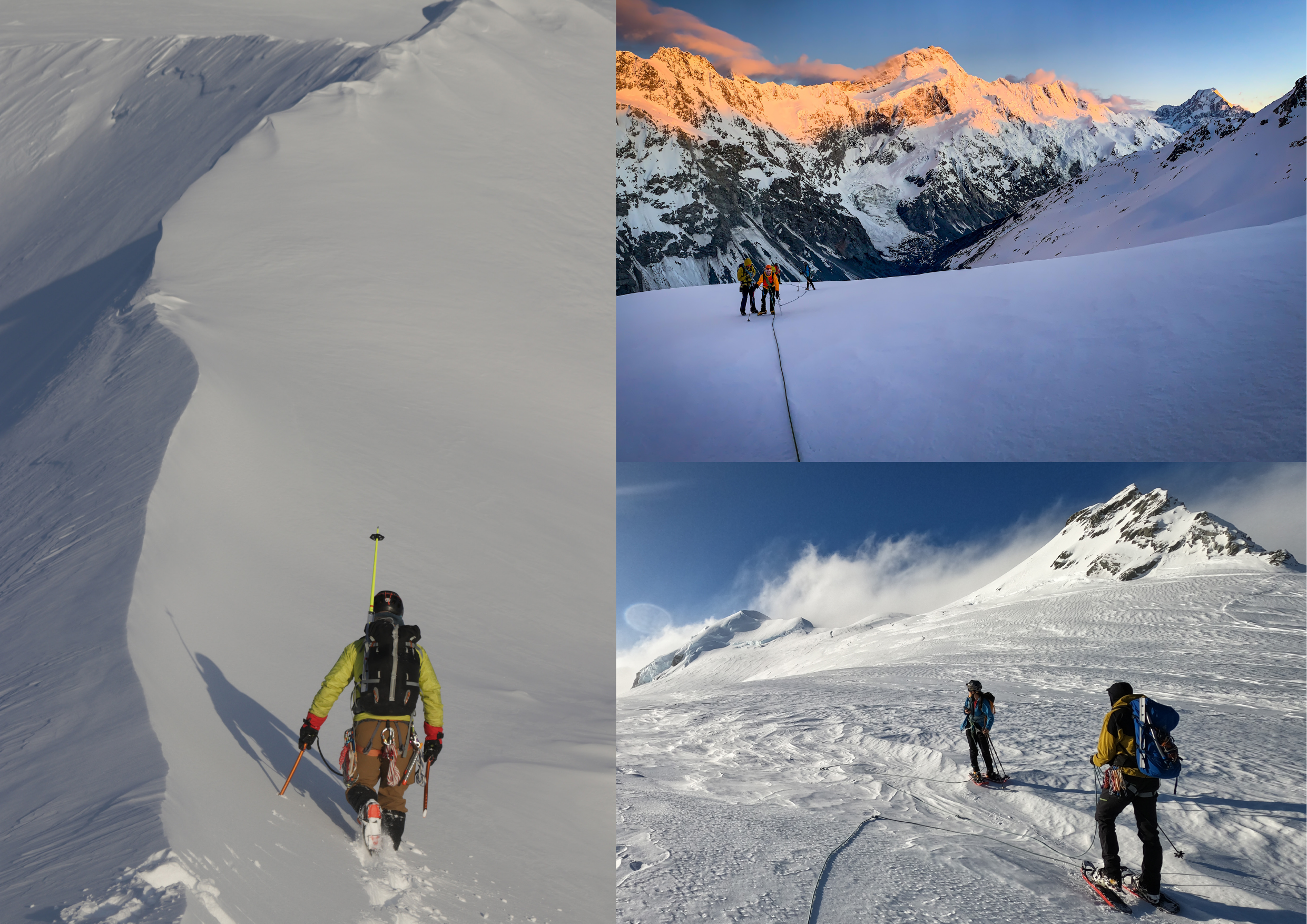 Climber on steep snow with ice axe; alpenglow at dawn on the peaks; wind-swept plateau approaching summit