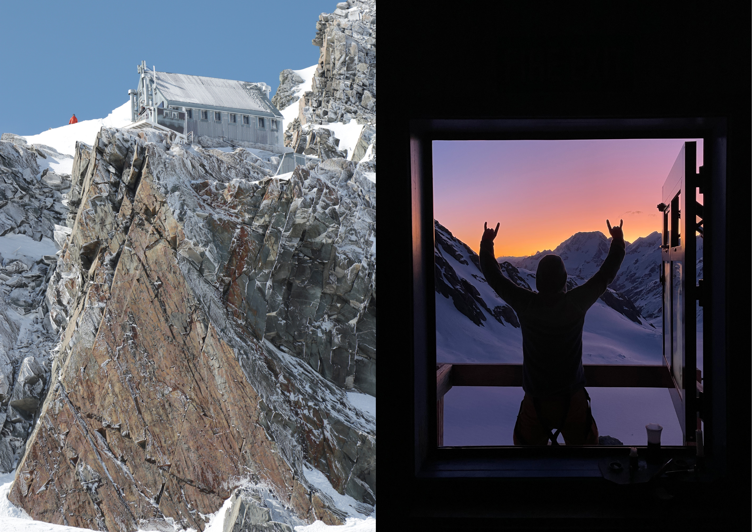 Tasman Saddle Hut perched on rock above the glacier; silhouette at hut window as the sun sets