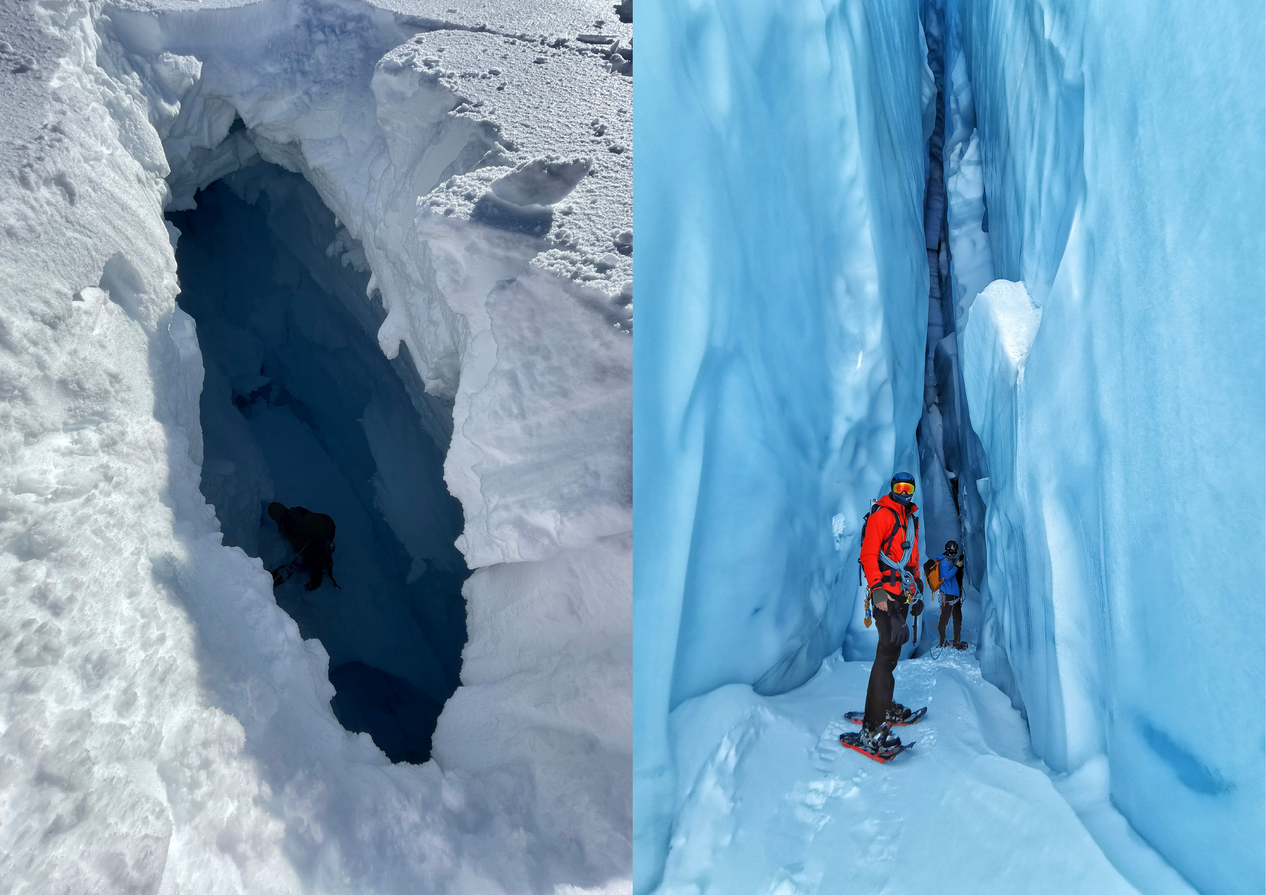 A deep crevasse moulin dropping into blue ice; exploring a narrow crevasse passage on the Tasman Glacier
