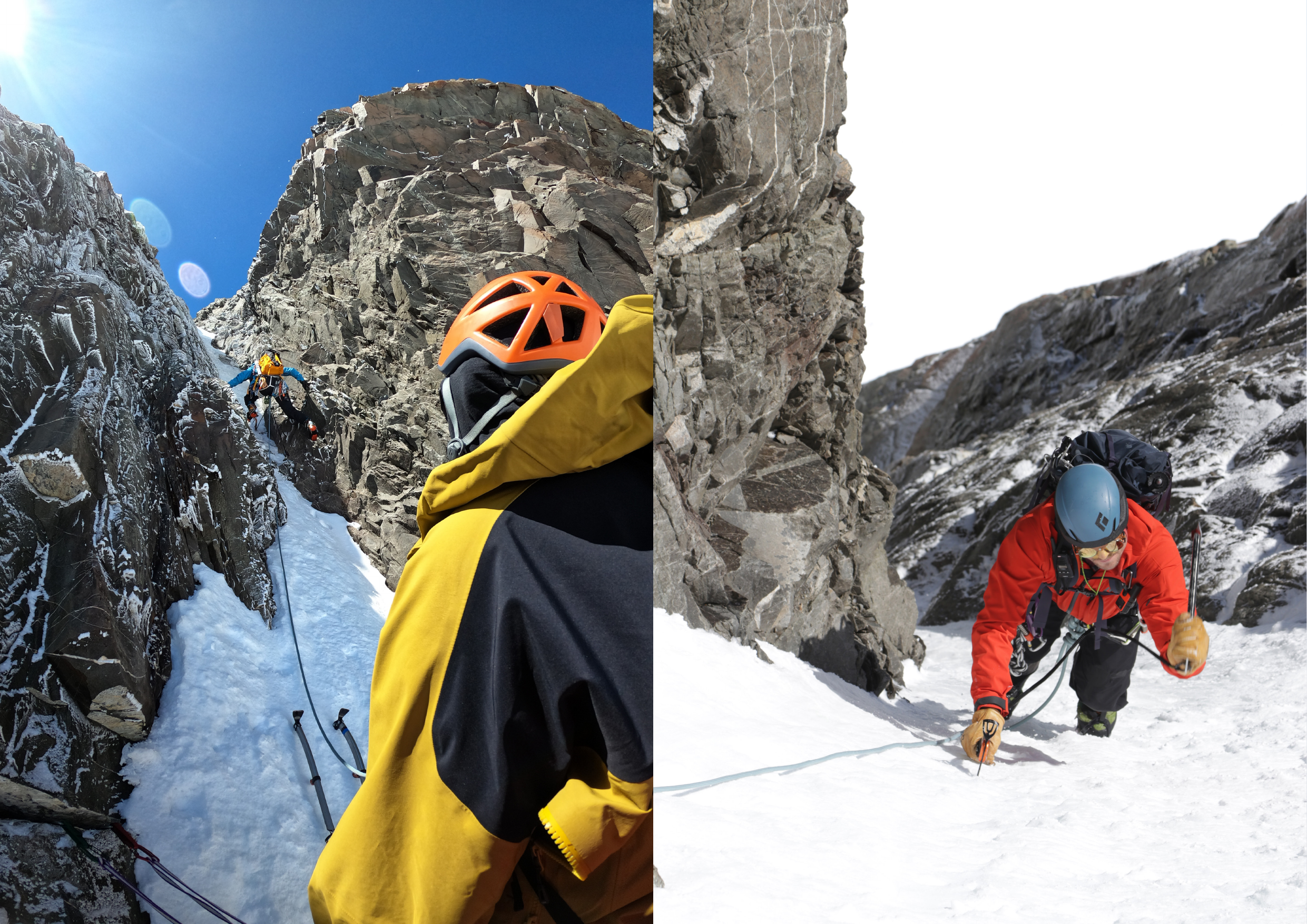 Ice climbing in a steep couloir; climber front-pointing up a narrow icy gully between rock walls