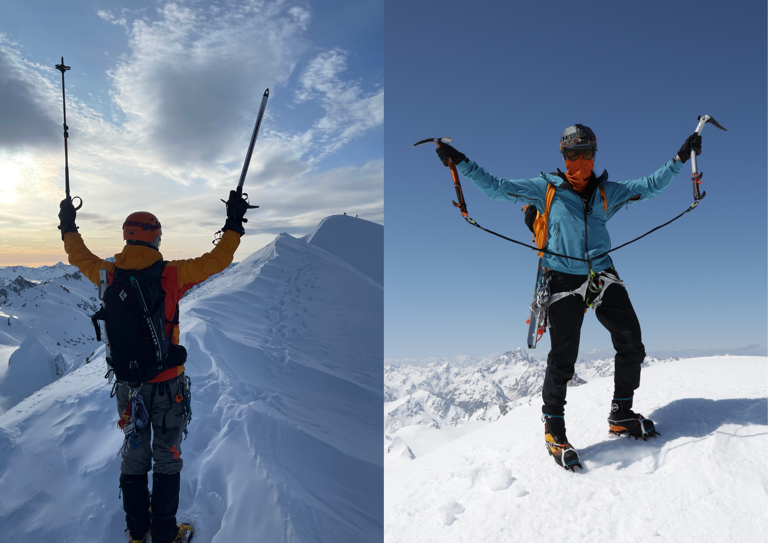 Summit celebrations — team members raising ice axes on the Tasman peaks